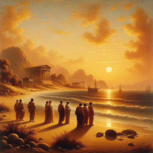 A tranquil Roman coastal scene at sunset reflecting Seneca's philosophy, with figures in togas by the gentle waves.