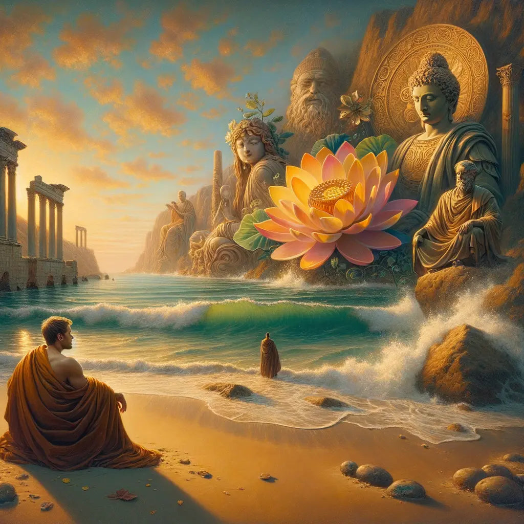 An artistic depiction of a serene coastline, merging Buddhism, Hinduism, and Stoicism philosophies, in a classic historical painting style.