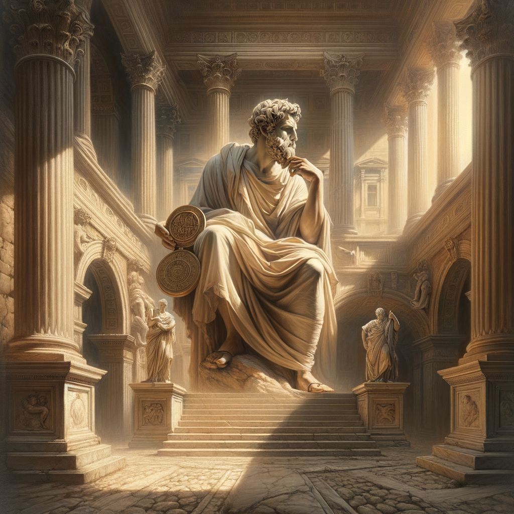 Roman philosopher in toga holding a medallion among ancient Roman architecture in a cinematic, painterly style.