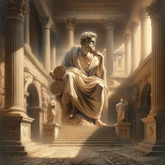 Roman philosopher in toga holding a medallion among ancient Roman architecture in a cinematic, painterly style.