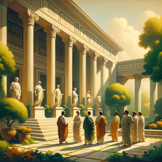 Minimalist Roman architecture influenced by Stoic design, featuring clean lines and philosophers in togas amidst natural elements, cinematic style.