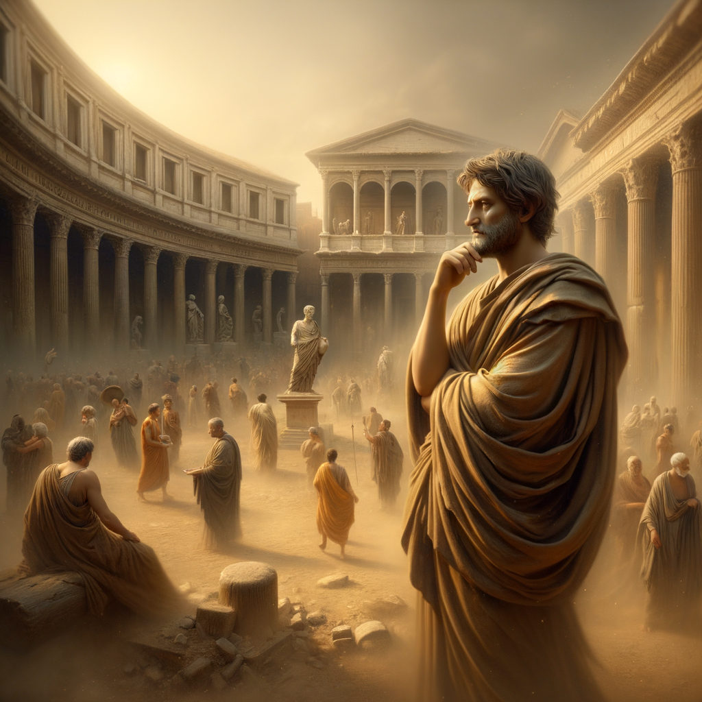 An ancient philosopher in the Roman forum, contemplating amidst bustling crowds, evoking stoic wisdom through a 1960s historical film style.