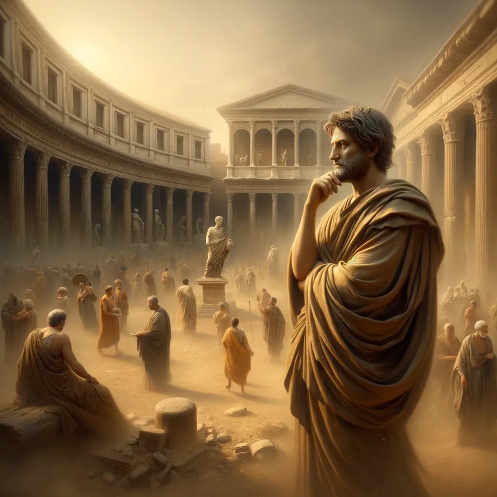 An ancient philosopher in the Roman forum, contemplating amidst bustling crowds, evoking stoic wisdom through a 1960s historical film style.
