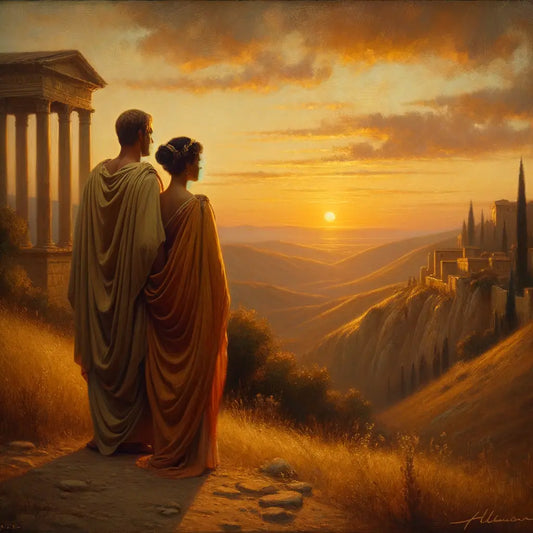 A Roman couple enjoys a serene sunset, embodying stoic love, in a landscape reminiscent of 1960s historical films.