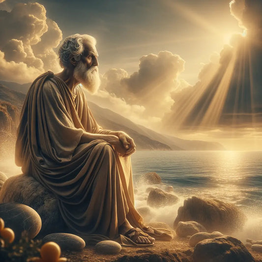 An ancient Greek philosopher stands on a cliff contemplating the sea, symbolizing stoic philosophy in a serene setting, styled like a 1960s historical film.