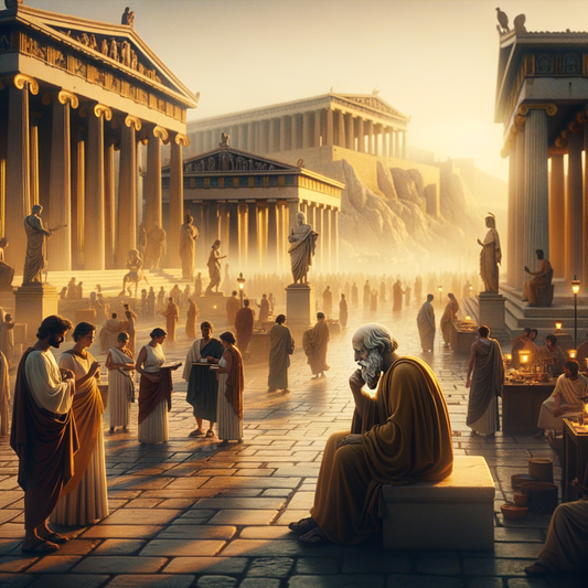 Ancient Athens city square bustling with citizens and philosophers like Socrates engaged in discussions, set against grand Athenian architecture.