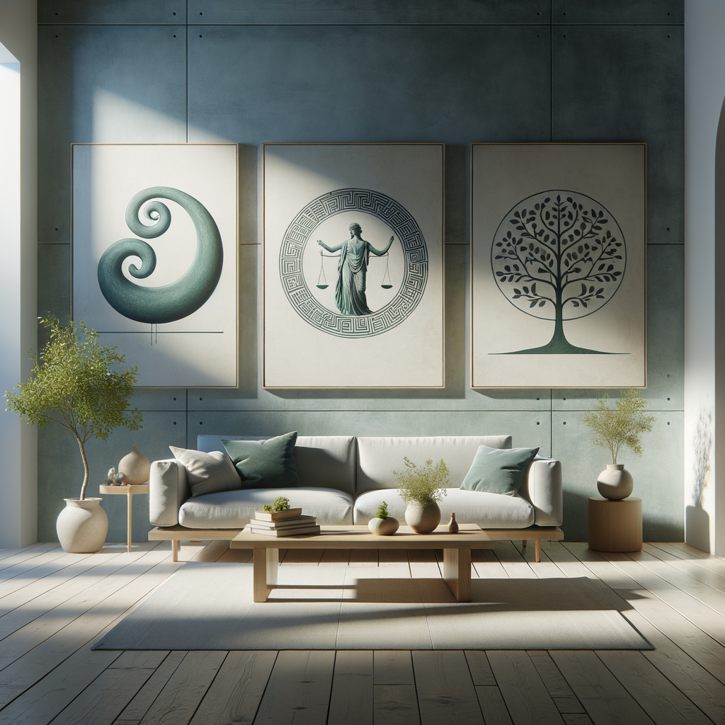 Minimalist living room with Stoic symbols on the walls, in calming blue and green tones.