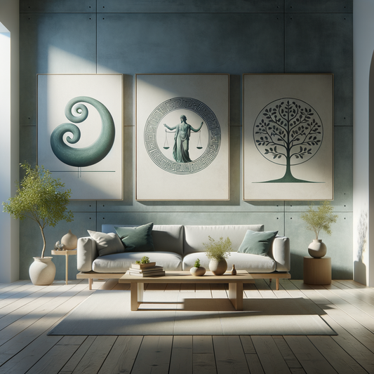 Minimalist living room with Stoic symbols on the walls, in calming blue and green tones.