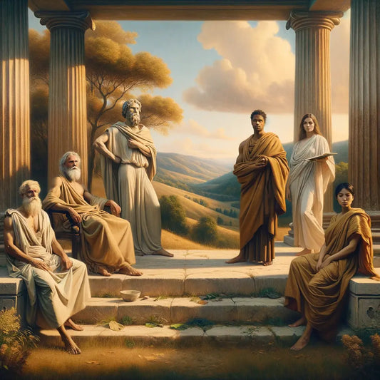 Stoic philosophers in organic-fiber garments, posed in a natural landscape with ancient ruins, reflecting 1960s historical film style.