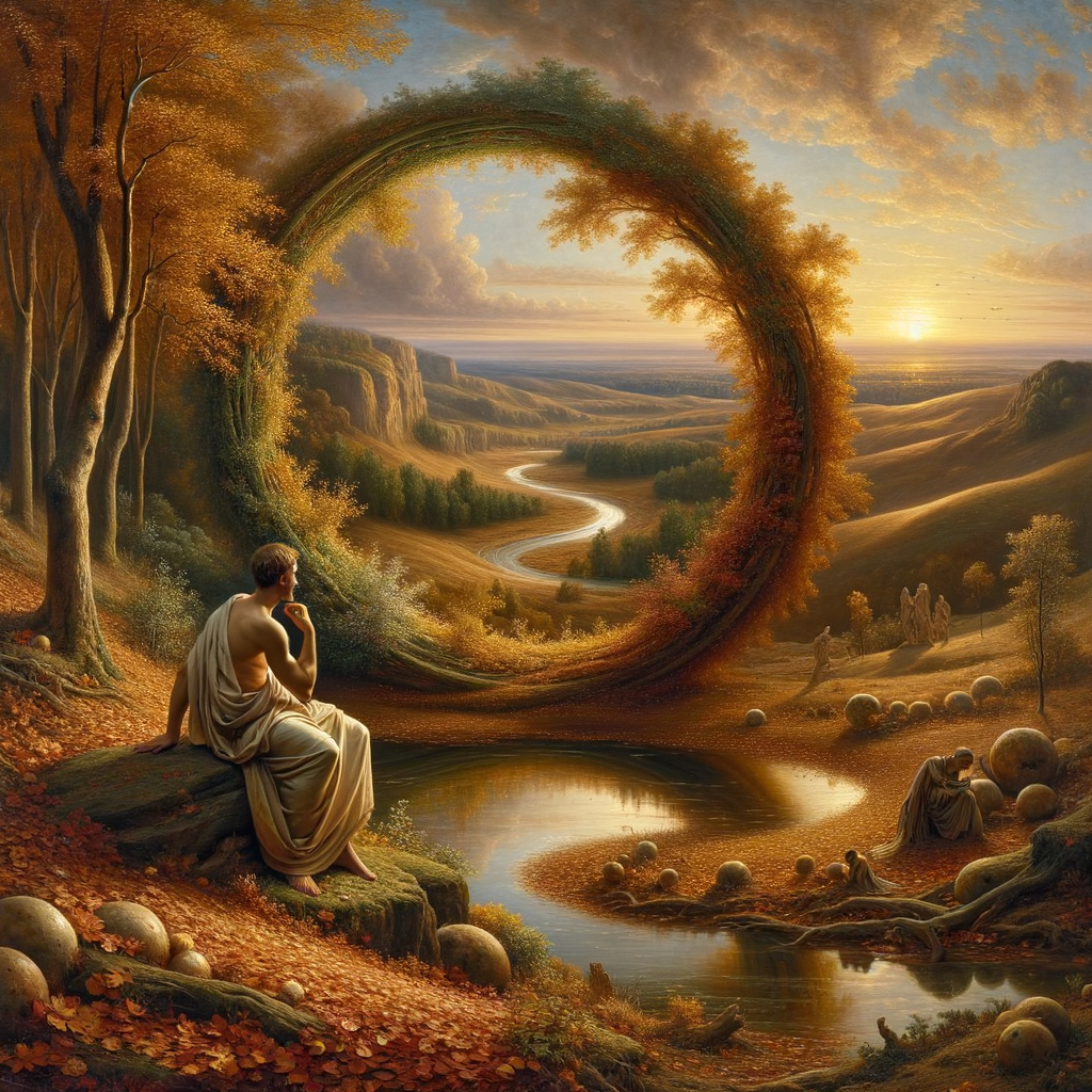 A serene landscape with fallen leaves and a flowing river under a morning sky, reflecting the cyclical nature of life.