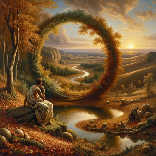 A serene landscape with fallen leaves and a flowing river under a morning sky, reflecting the cyclical nature of life.