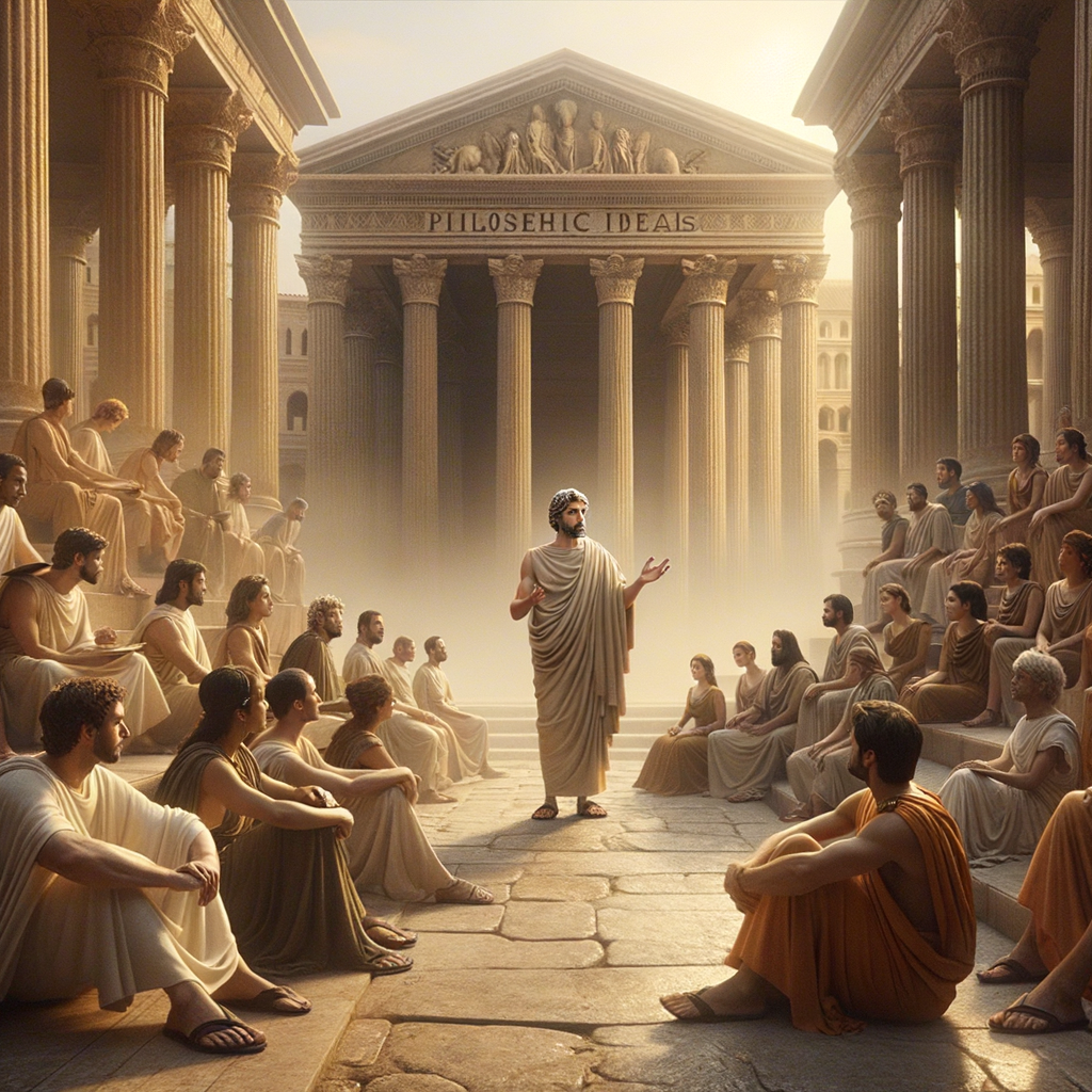 Zeno of Citium teaching Stoic philosophy in an ancient marketplace, surrounded by students and classical architecture, in the style of 1960s historical films.