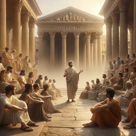 Zeno of Citium teaching Stoic philosophy in an ancient marketplace, surrounded by students and classical architecture, in the style of 1960s historical films.