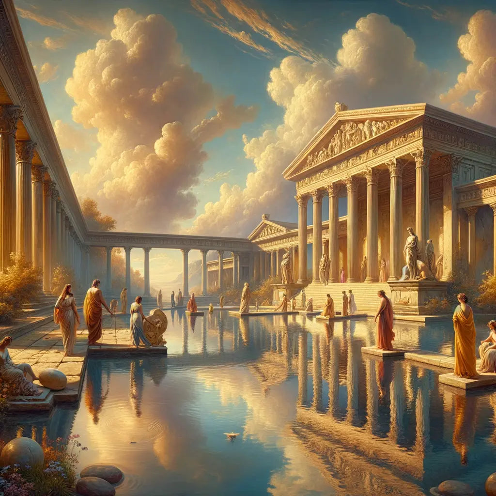 Serene landscape with Greek architecture and calm waters, depicting tranquility and wisdom in the style of 1960s historical films.