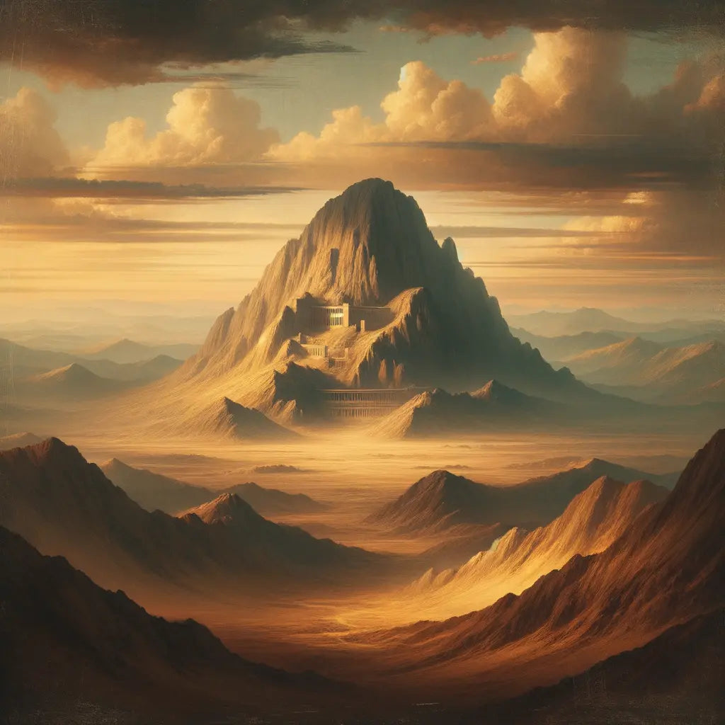 A tranquil mountain beneath a changing sky, symbolizing steadfastness, painted in the style of a 1960s historical epic.