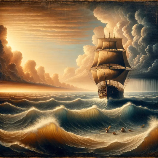 A lone Roman ship navigating serene and stormy waters, symbolizing Stoicism's emotional balance, in a 1960s epic film style.