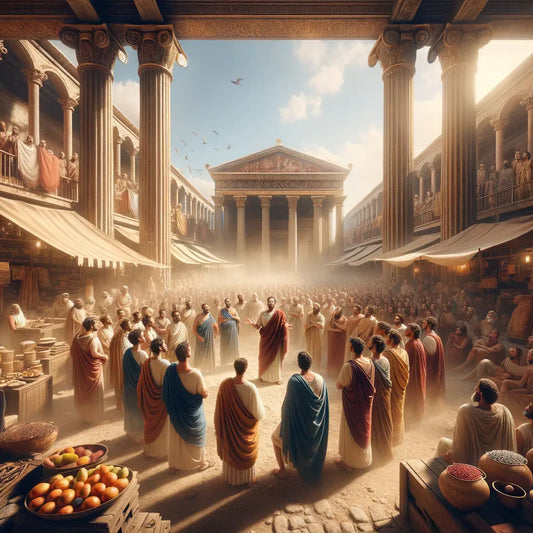 Zeno of Citium teaching Stoicism to listeners in a bustling ancient Greek marketplace, inspired by 1960s historical films.
