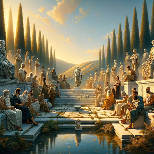 Ancient Roman philosophers in a serene garden setting, embodying Stoic philosophy, with warm tones and classic statues under a clear sky.