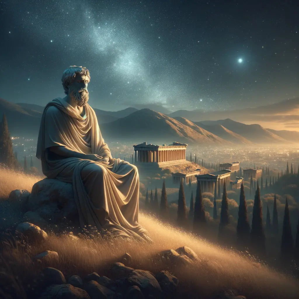 An ancient philosopher in Athens meditating under a starry sky, symbolizing stoic calm and wisdom, styled like a 1960s historical epic film.