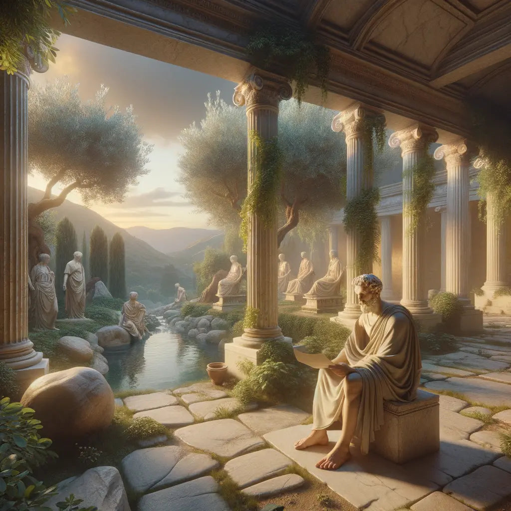 A Stoic philosopher in a serene Roman garden, symbolizing calm and inner peace, depicted in the style of classic 1960s historical films.