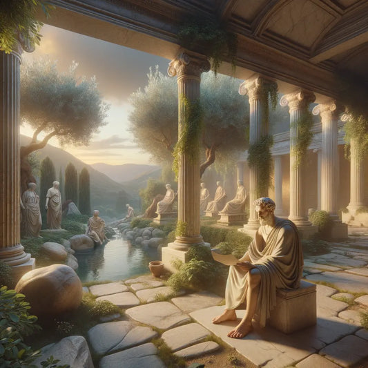 A Stoic philosopher in a serene Roman garden, symbolizing calm and inner peace, depicted in the style of classic 1960s historical films.
