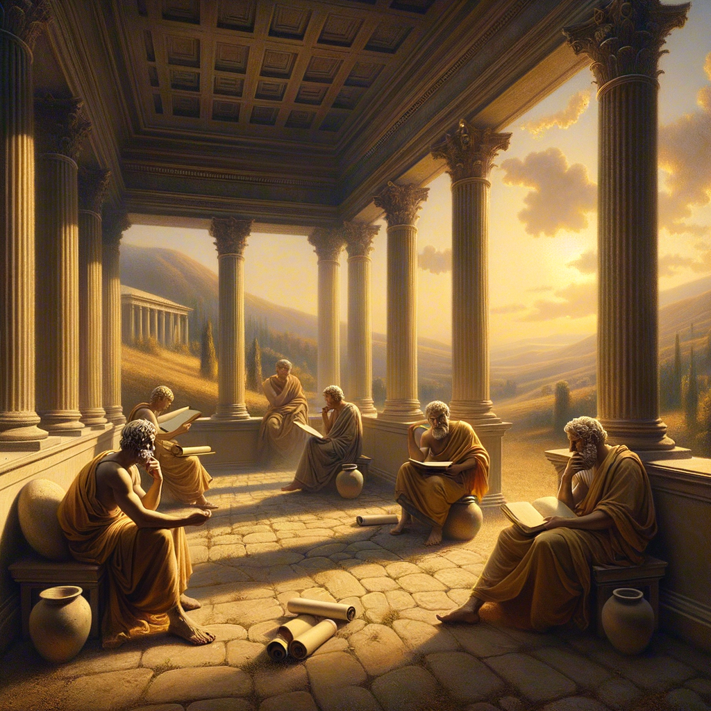 Philosophers in togas reflect in a serene Roman courtyard as a golden sunset symbolizes tranquility and life's impermanence, styled like a classic 1960s historical film.