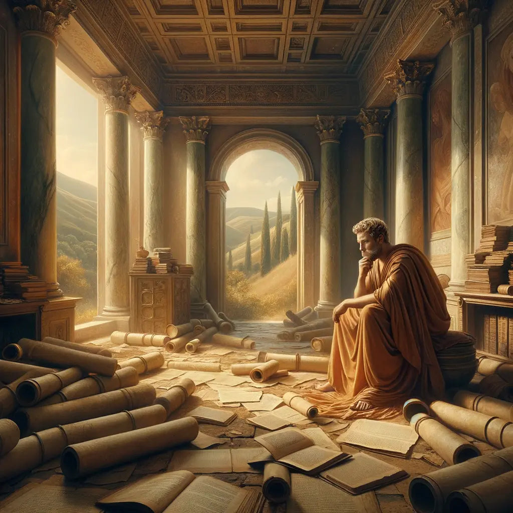 Roman scholar in a peaceful study surrounded by ancient texts, looking out at a serene landscape through a window, in a cinematic 1960s style.
