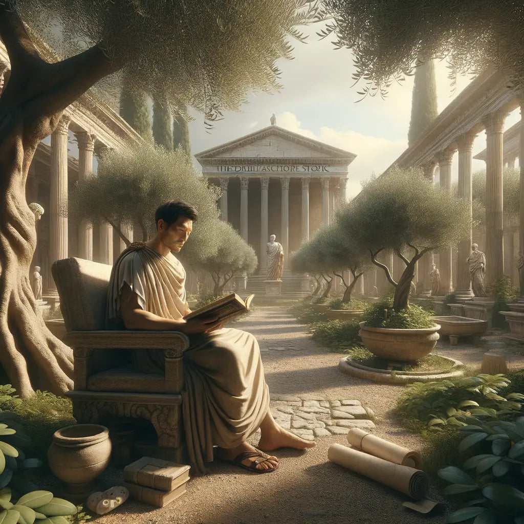 A Roman philosopher reading a book in a tranquil garden, inspired by the style of 1960s historical films.