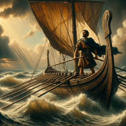 A Roman sailor steering a trireme through stormy seas, embodying the Stoic approach to life, in the style of a 1960s epic film.