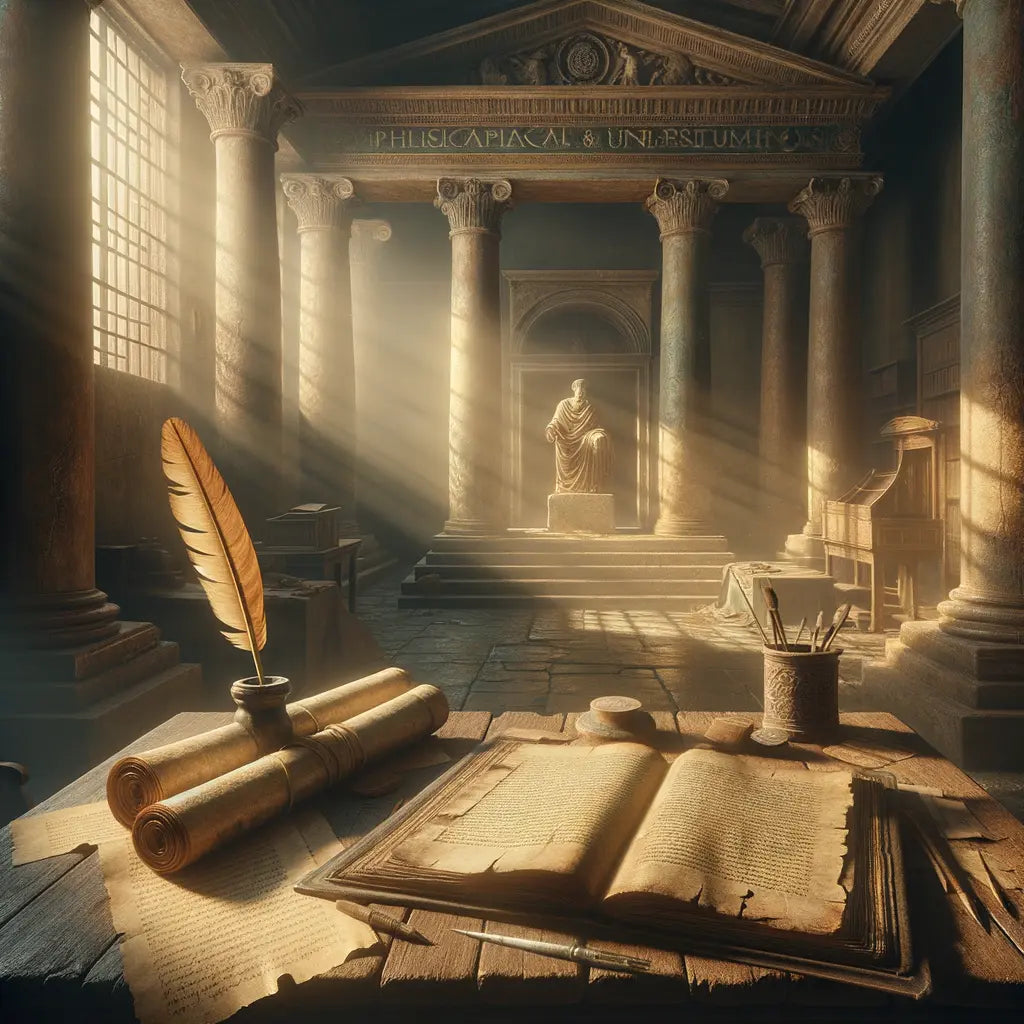 An ancient tome with philosophical notes, quill, and faded papyrus scrolls depicting Stoic philosophy, set in a Roman study evocative of 1960s historical films.
