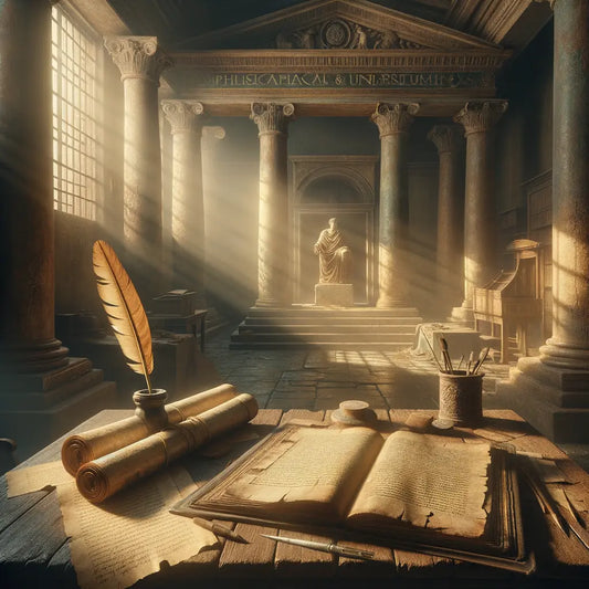 An ancient tome with philosophical notes, quill, and faded papyrus scrolls depicting Stoic philosophy, set in a Roman study evocative of 1960s historical films.