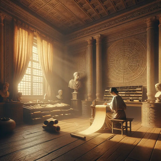 Serene individual journaling in a cozy ancient Roman-style room with Greek symbols, inspired by 1960s historical film epics.