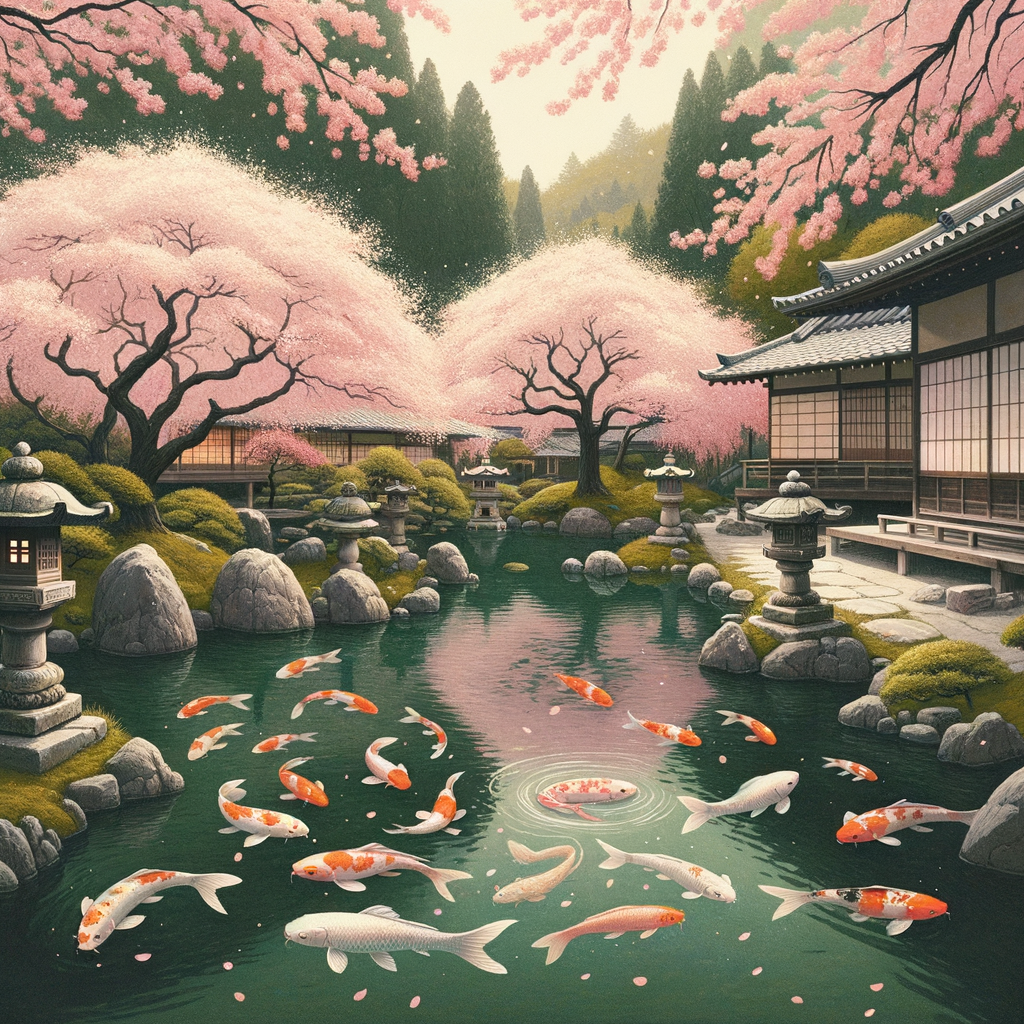 A minimalist depiction of a Japanese garden with cherry blossoms and a koi pond.