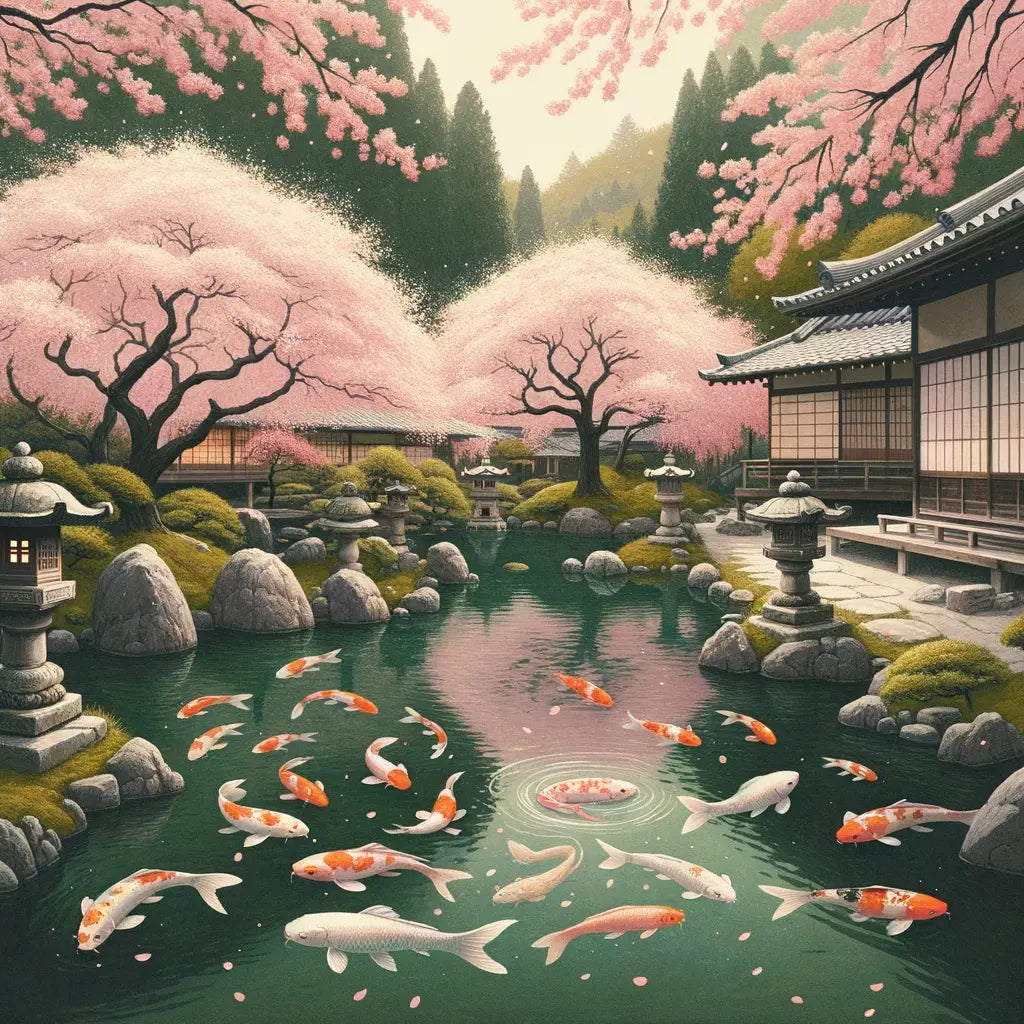 A minimalist depiction of a Japanese garden with cherry blossoms and a koi pond.
