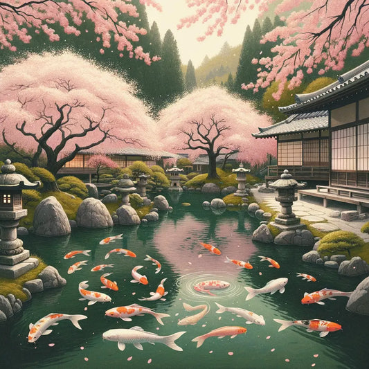 A minimalist depiction of a Japanese garden with cherry blossoms and a koi pond.