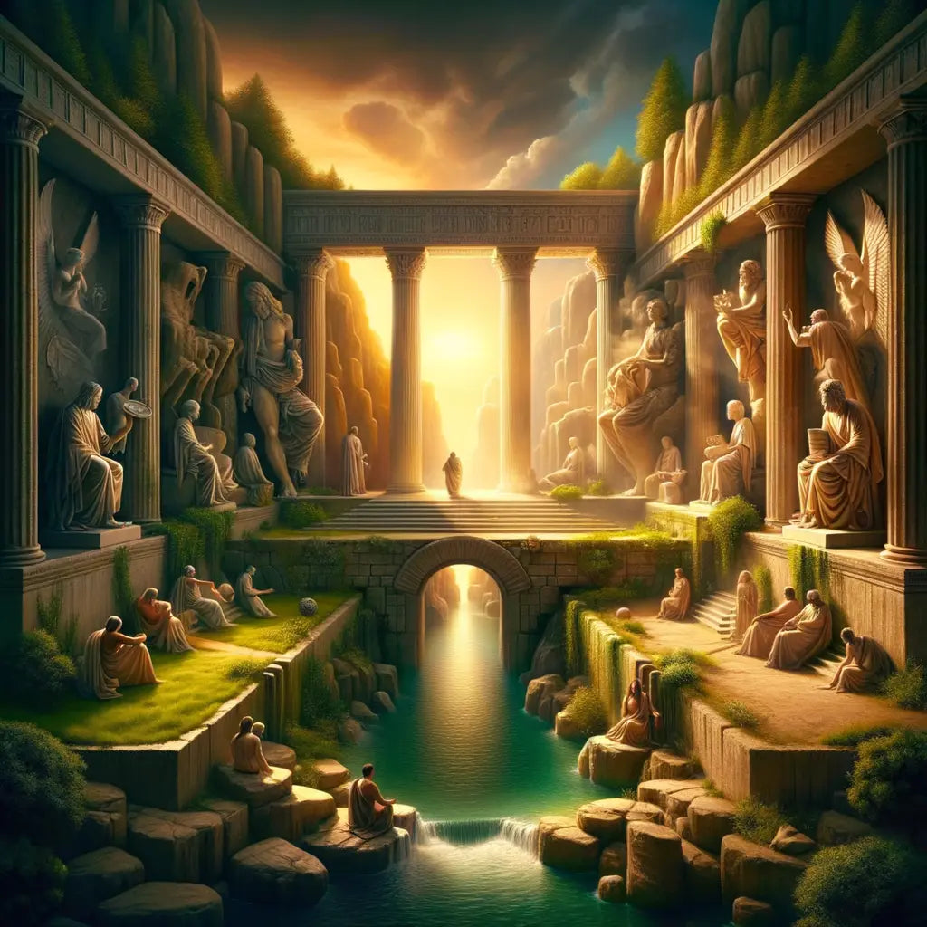 A symbolically rich, epic-style painting of a Roman bridge connecting two contrasting landscapes, embodying the balance of Stoicism with classic film-inspired visuals.