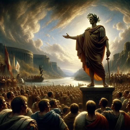 Julius Caesar stands at the Rubicon River, rallying his soldiers before crossing, with the drama of ancient Rome in the background.