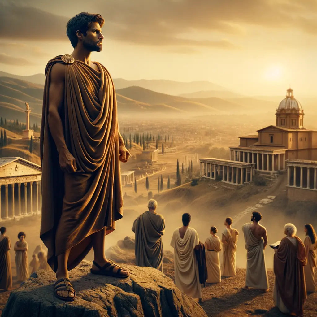 A contemplative Roman figure in a toga stands on a cliff edge, overlooking a vast landscape, evoking themes of emotional balance and stoic resilience, in a style reminiscent of 1960s historical films.