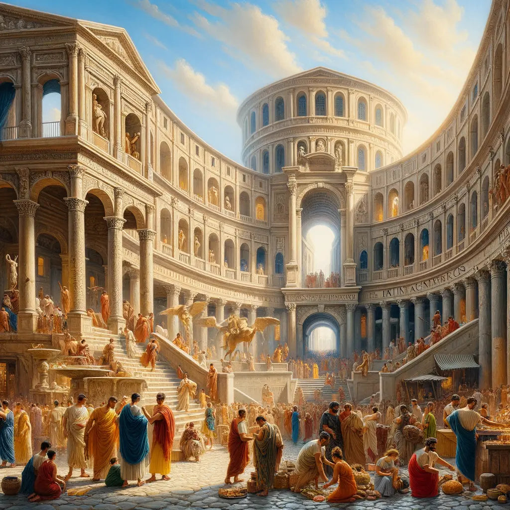 Artist's rendering of Trajan's Market bustling with Roman citizens trading under a clear blue sky in a 1960s historical epic style.