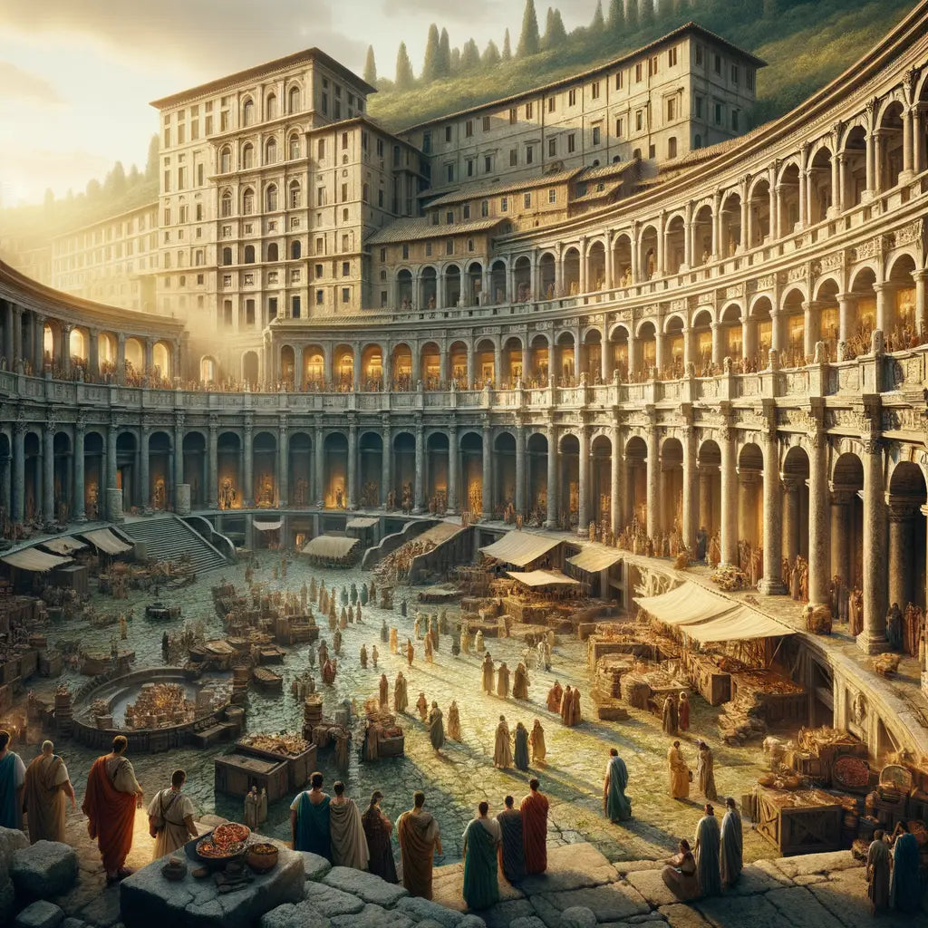 Panoramic view of Trajan's Market in Rome, showcasing its multi-story arcaded architecture and bustling ancient Roman activity, styled like a 1960s historical epic.