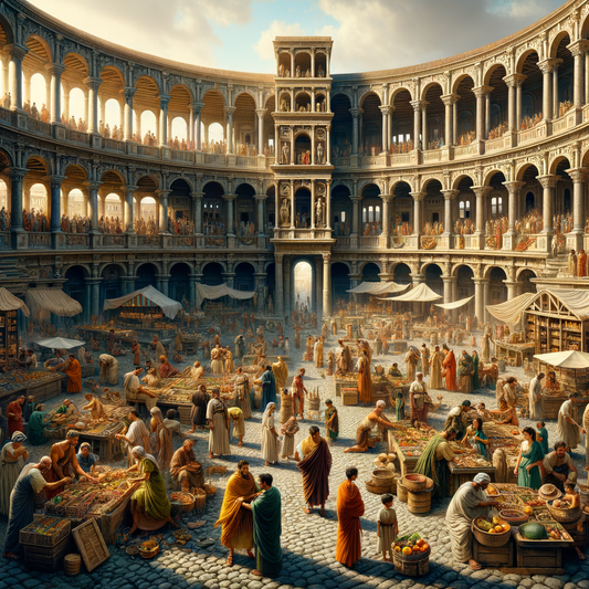 Ancient Roman marketplace with traders and citizens at Trajan's Market, showcasing 1960s historical epic style.