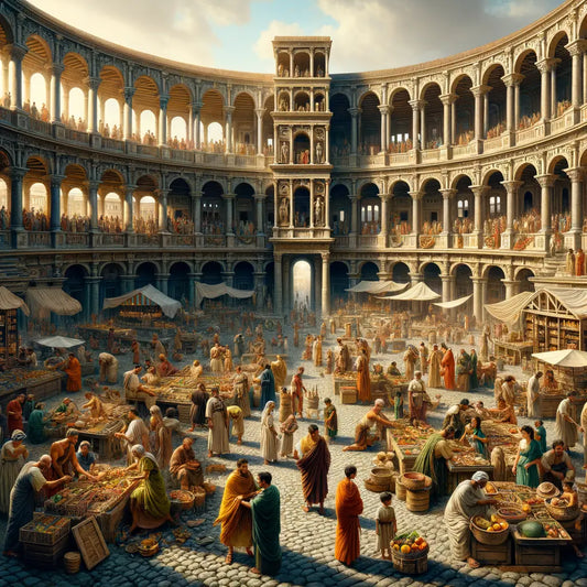 Ancient Roman marketplace with traders and citizens at Trajan's Market, showcasing 1960s historical epic style.