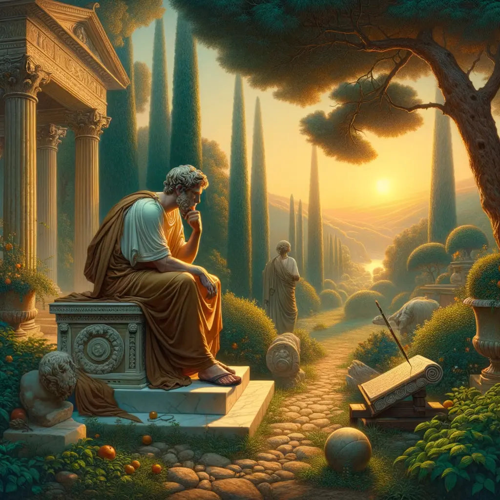 Ancient Roman philosopher in a serene grove, sitting on a marble bench in contemplation, reflecting stoic principles of peace and wisdom, inspired by 1960s historical epic films.