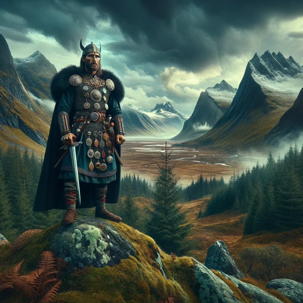 A Viking warrior in traditional attire stands heroically on a rocky outcrop, with a mystical Nordic landscape in the background, embodying ancient Norse culture.