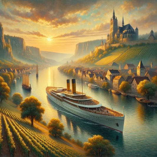 A luxurious Viking cruise ship traversing a river bordered by vineyards and historic castles at sunset, in a style inspired by 1960s historical epic films.