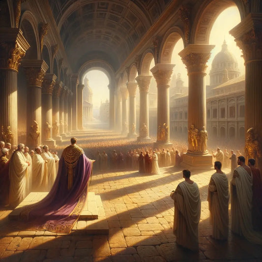 Emperor Augustus stands triumphal in the Roman Forum, greeting a cheering crowd, surrounded by senators and soldiers, in a scene inspired by classic 1960s historical films.