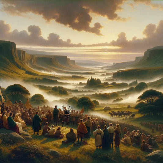 Misty hills with Celtic villagers, evoking the mysticism of ancient Celtic lands in a cinematic epic style.