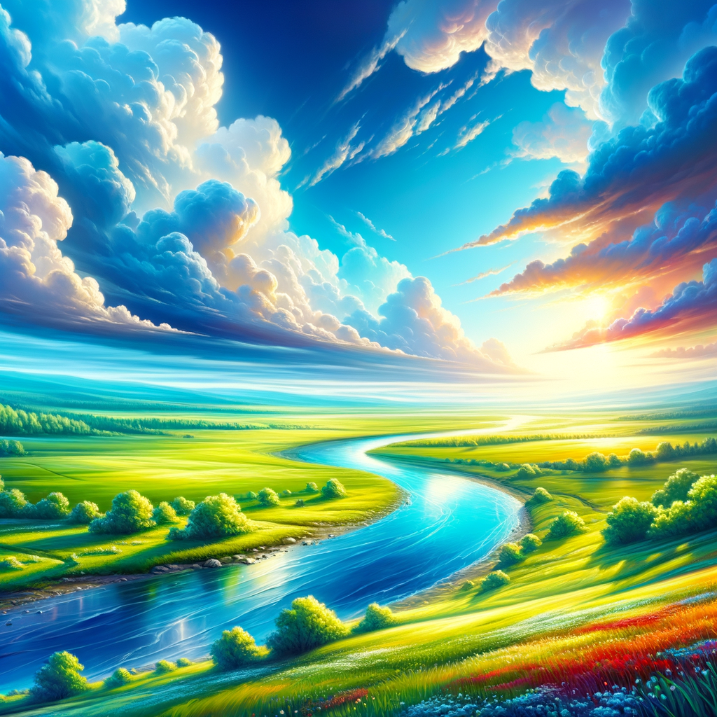 A peaceful green meadow with a river running through it, surrounded by trees and bright blue sky.