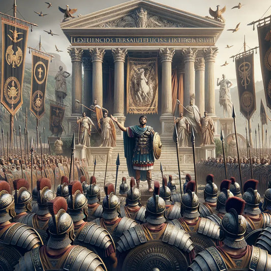 Julius Caesar addressing his army in ancient Gaul, surrounded by Roman soldiers and military banners.