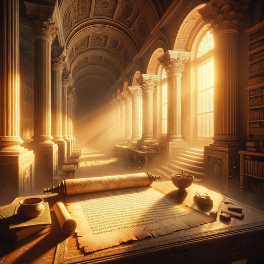 An ancient Roman scroll with a quote by Marcus Aurelius, surrounded by a classic philosopher's study, inspired by 1960s historical epics.